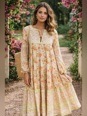 Matta Yamini Boho Dress Small Green Pink Floral Long Sleeve Designer